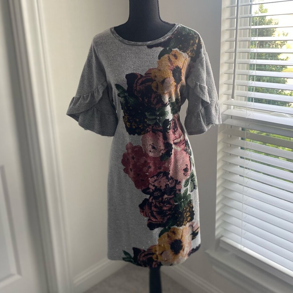 Luxology - grey floral dress with short ruffle sleeves.